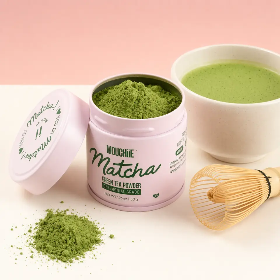 The ceremonial matcha tin creative awaiting sign-off.